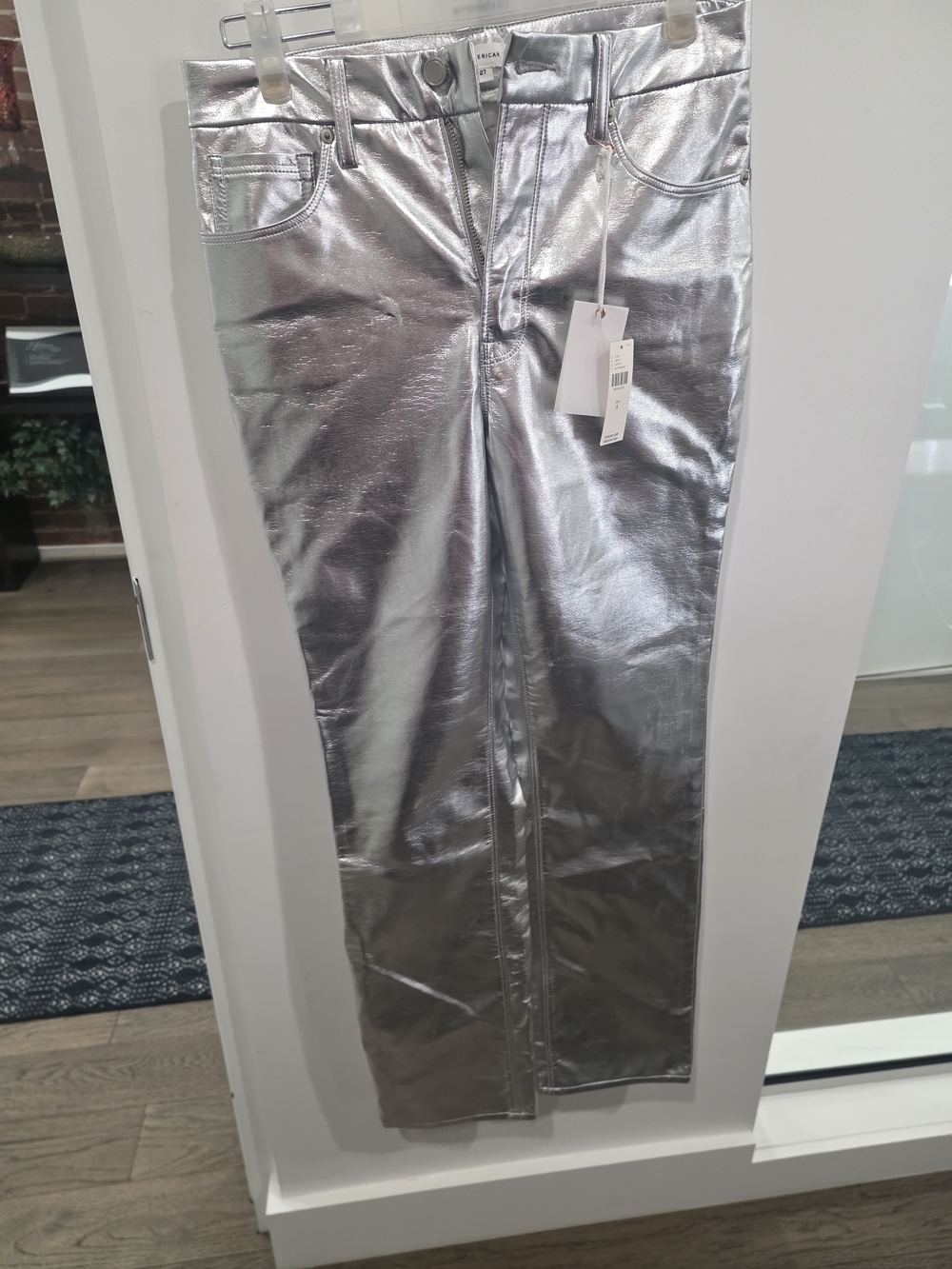 Metallic Silver High-Shine Straight Leg Pants